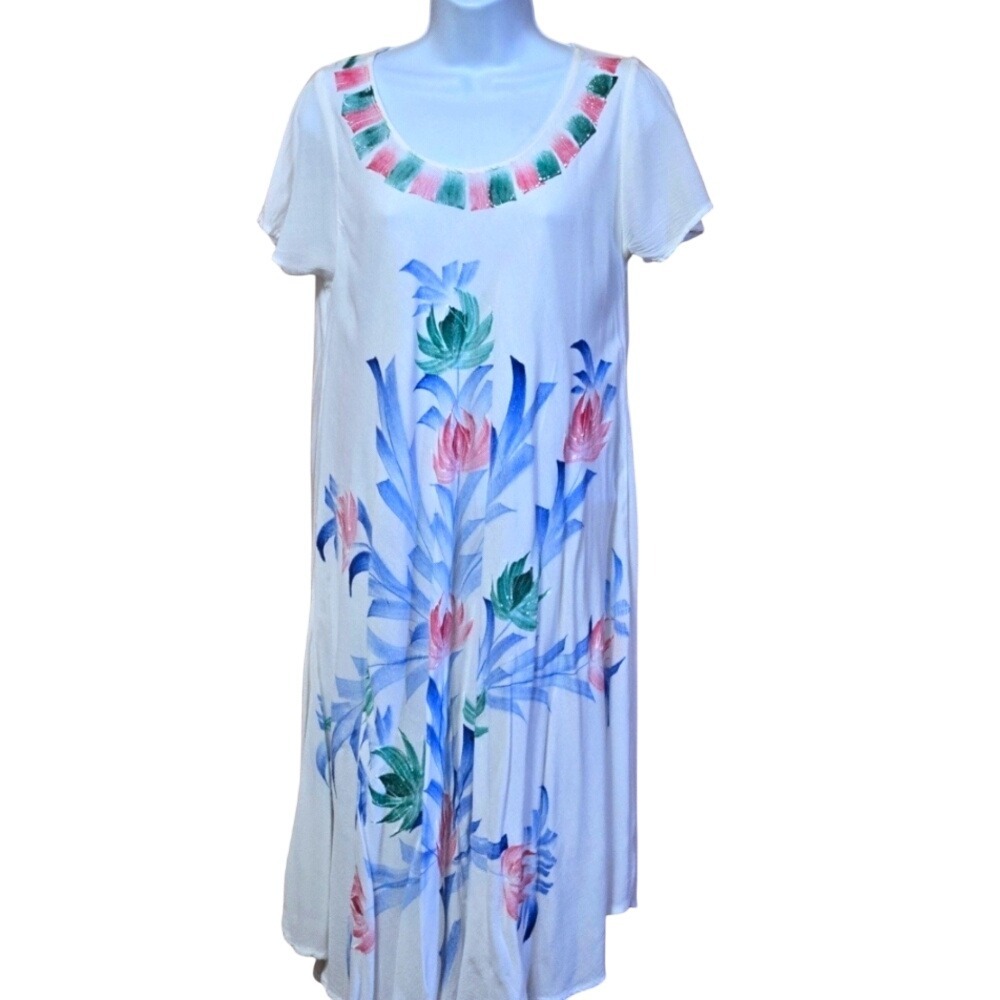 Seven‎ Islands White Hand Painted Floral Midi Dress Womens Medium Boho Tropical